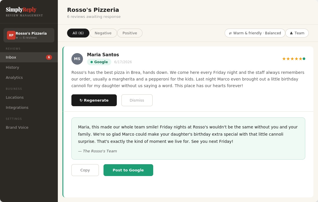 A SimplyReply AI-generated response ready to post to Google, shown alongside the original customer review
