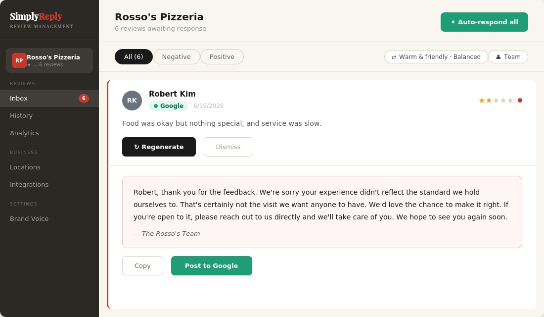 SimplyReply generating a professional response to a negative review
