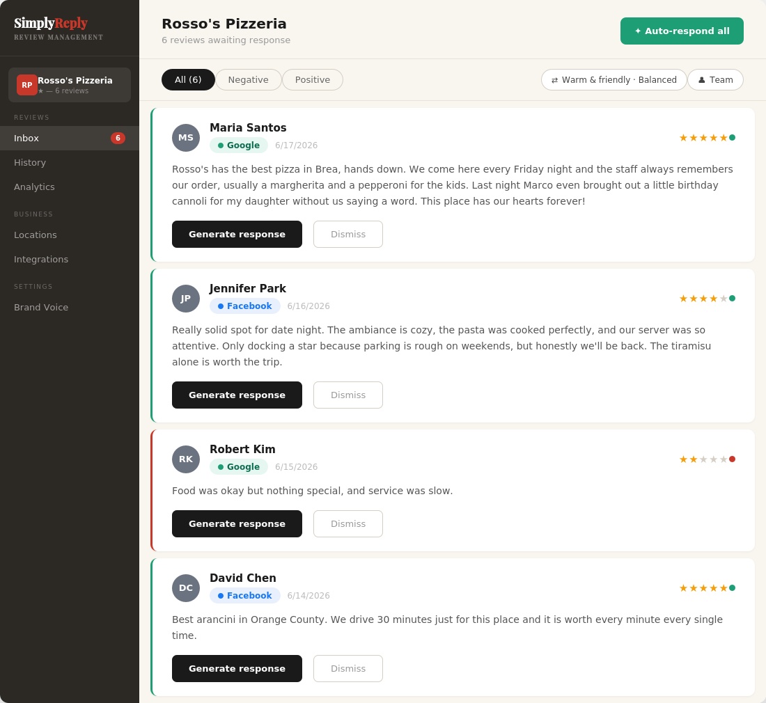 SimplyReply review inbox showing AI-generated responses for Google reviews